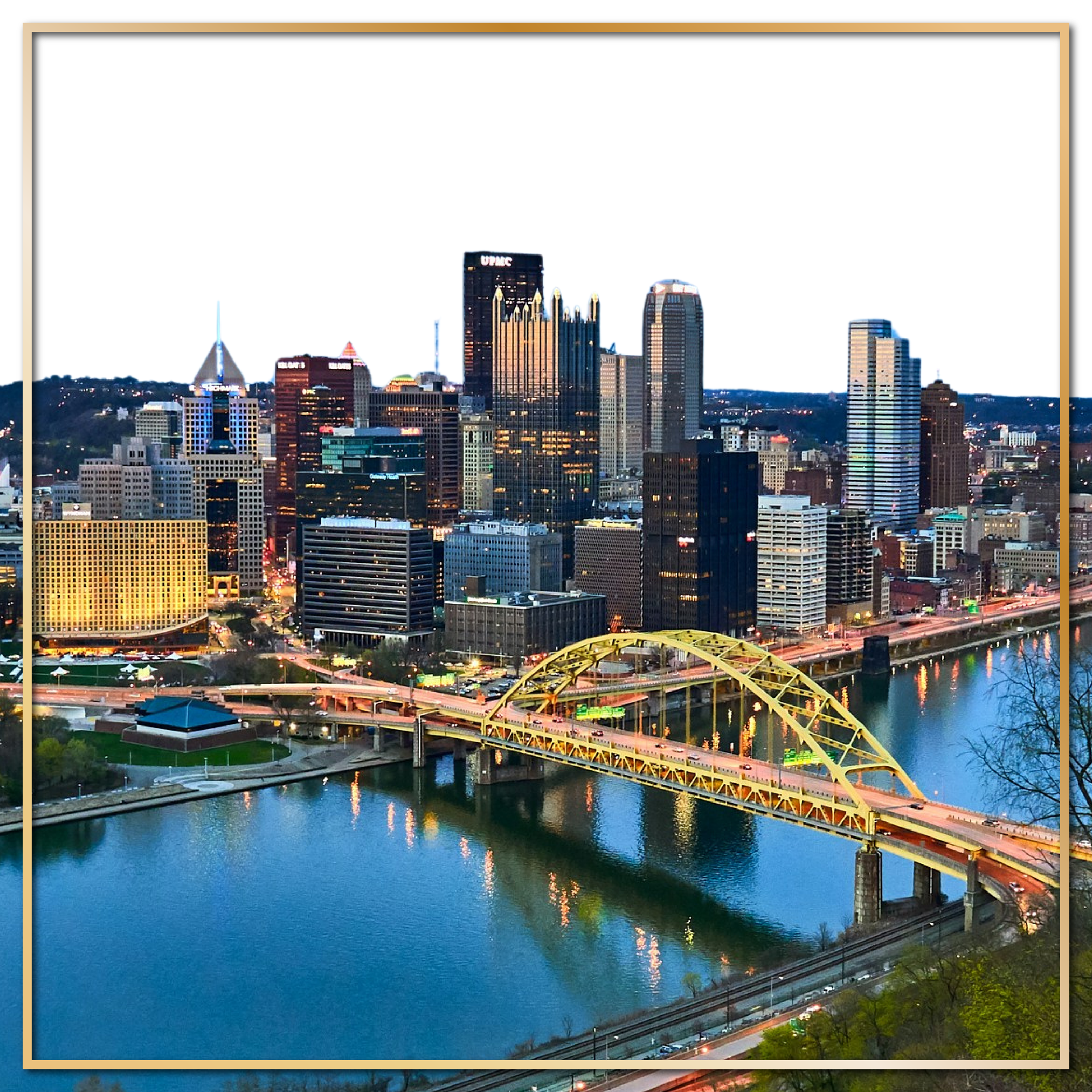 Pittsburgh skyline with a lit bridge over a river at dusk, framed by a thin gold border.