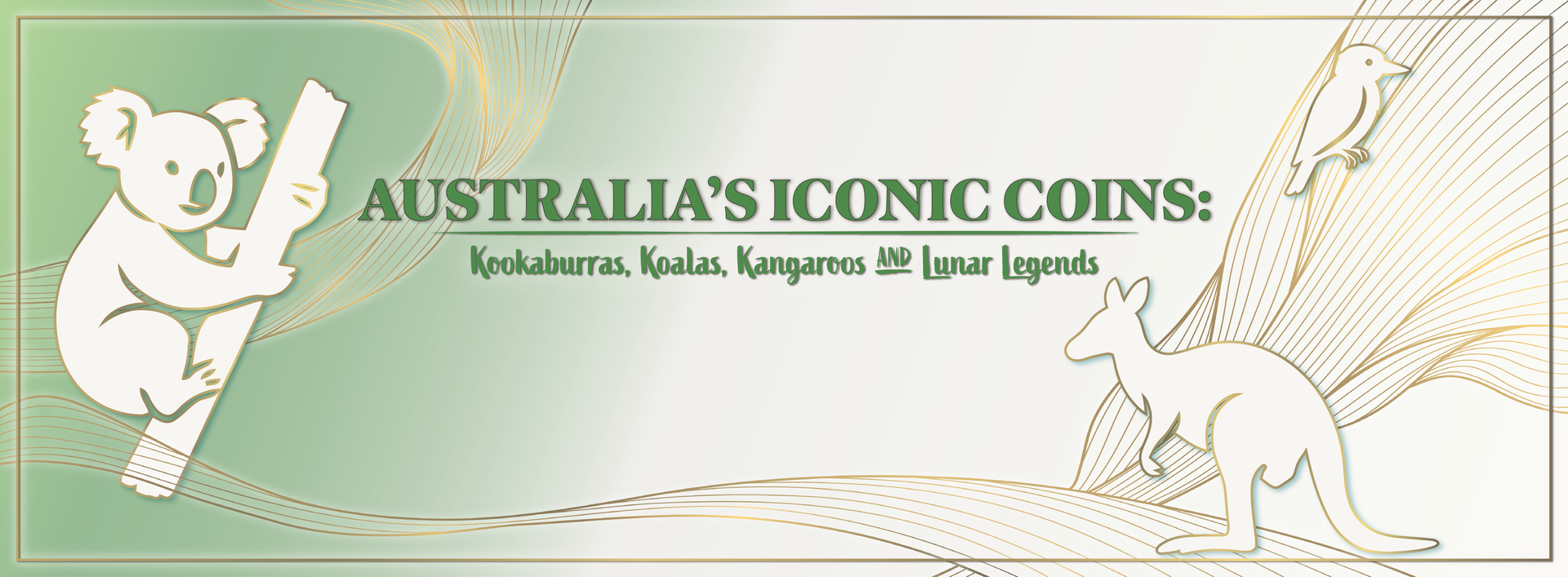 Australia’s iconic coins banner with coin illustrations and a kangaroo, koala, and kookaburra