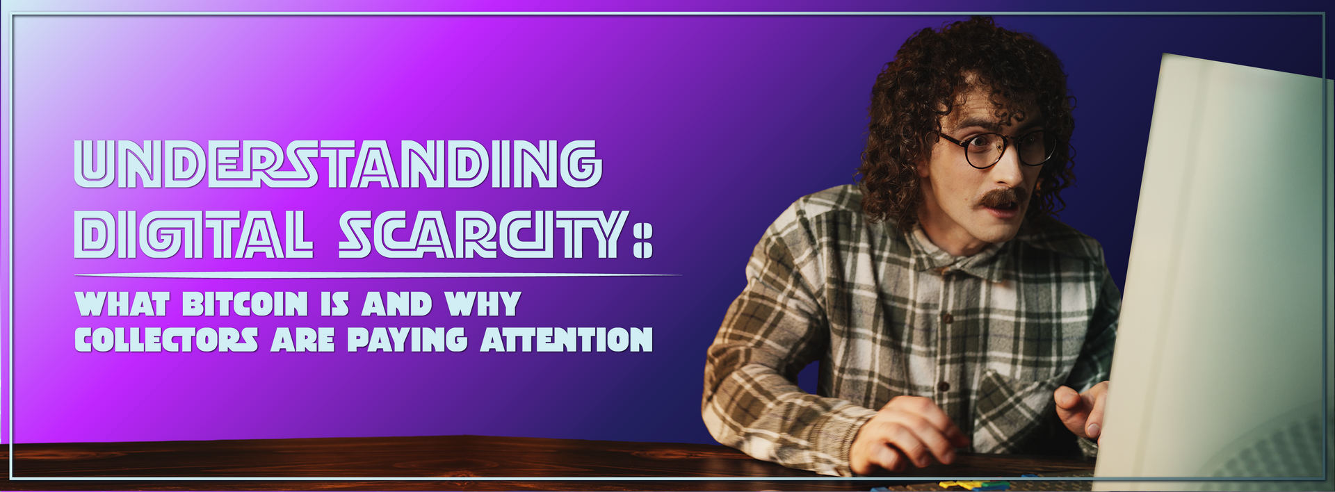 CoinCollecting.com Purple digital-security promo with bold text and a person holding a laptop against a neon background