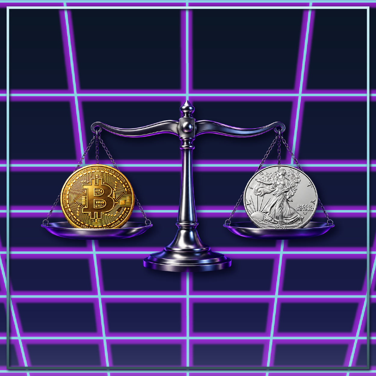 Scales of justice balancing a gold Bitcoin and a silver coin on a purple grid background