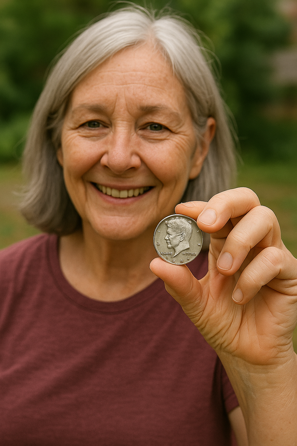 Smiling person holds up a coin outdoors against a blurred green background