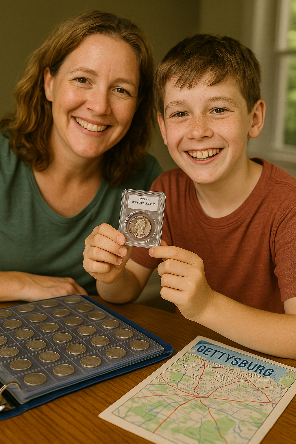 Smiling adult and boy holding a small device over a board game and map on a table