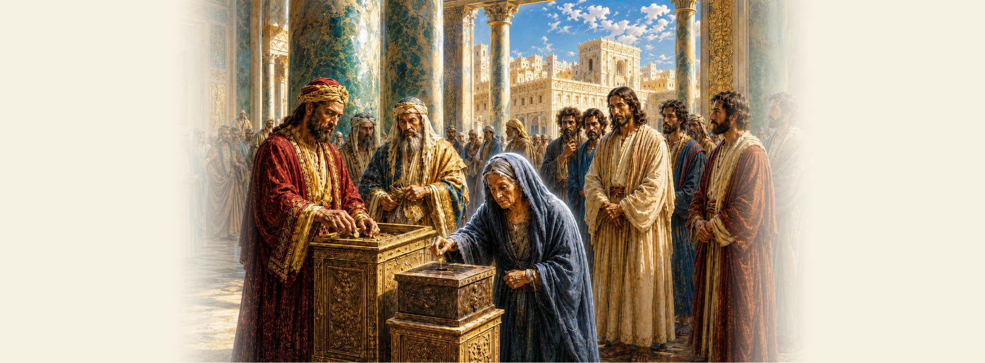 21 As Jesus looked up, he saw the rich putting their gifts into the temple treasury. 2 He also saw a poor widow put in two very small copper coins. 3 “Truly I tell you,” he said, “this poor widow has put in more than all the others. 4 All these people gave their gifts out of their wealth; but she out of her poverty put in all she had to live on.”