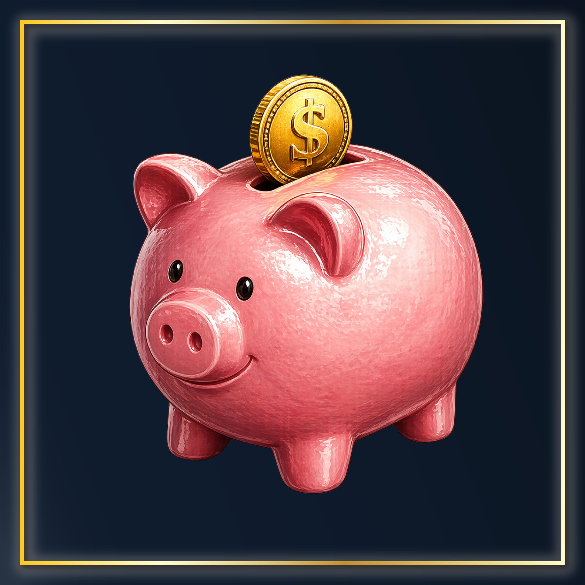 Classic pink piggy bank with a gold coin partially inserted into the slot, symbolizing investing