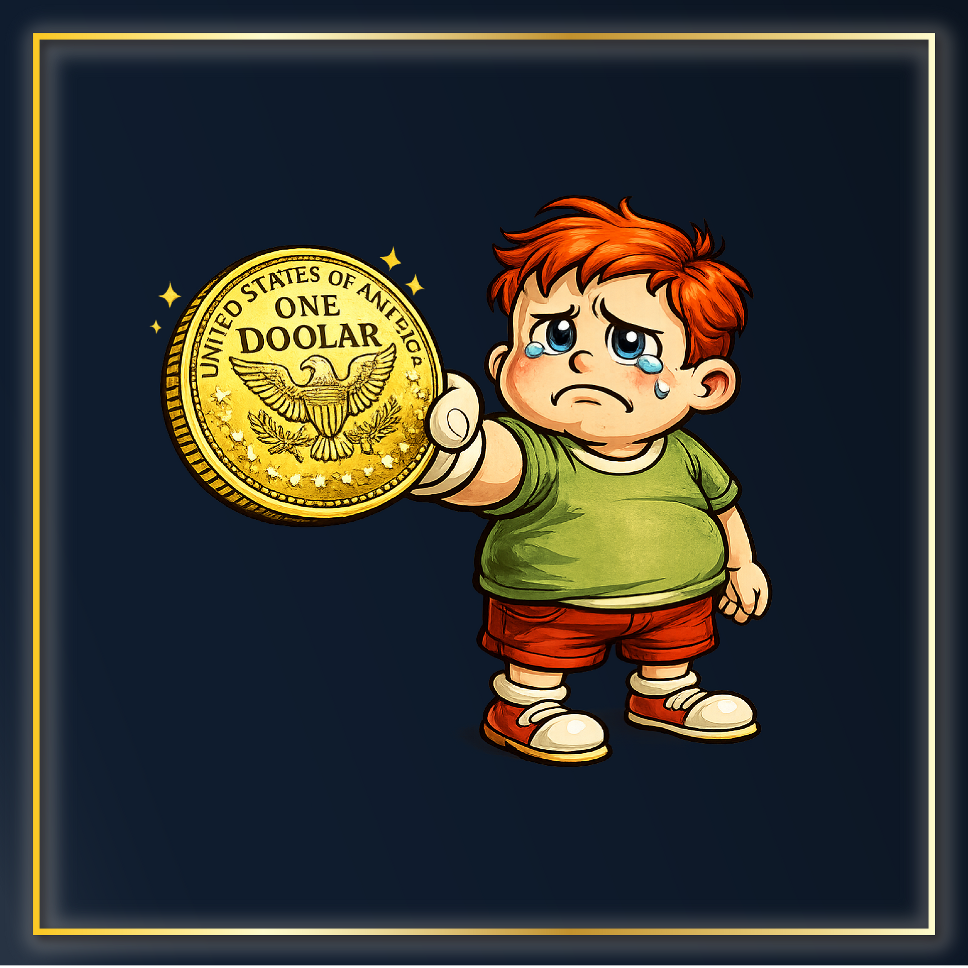 Sad child holding a fake gold coin with a misspelled inscription, representing counterfeit coins and