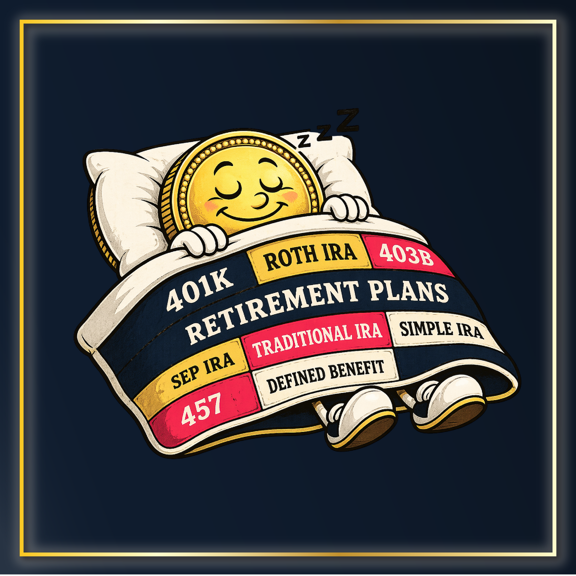 Cartoon gold coin sleeping peacefully under a blanket labeled with retirement plans like 401k