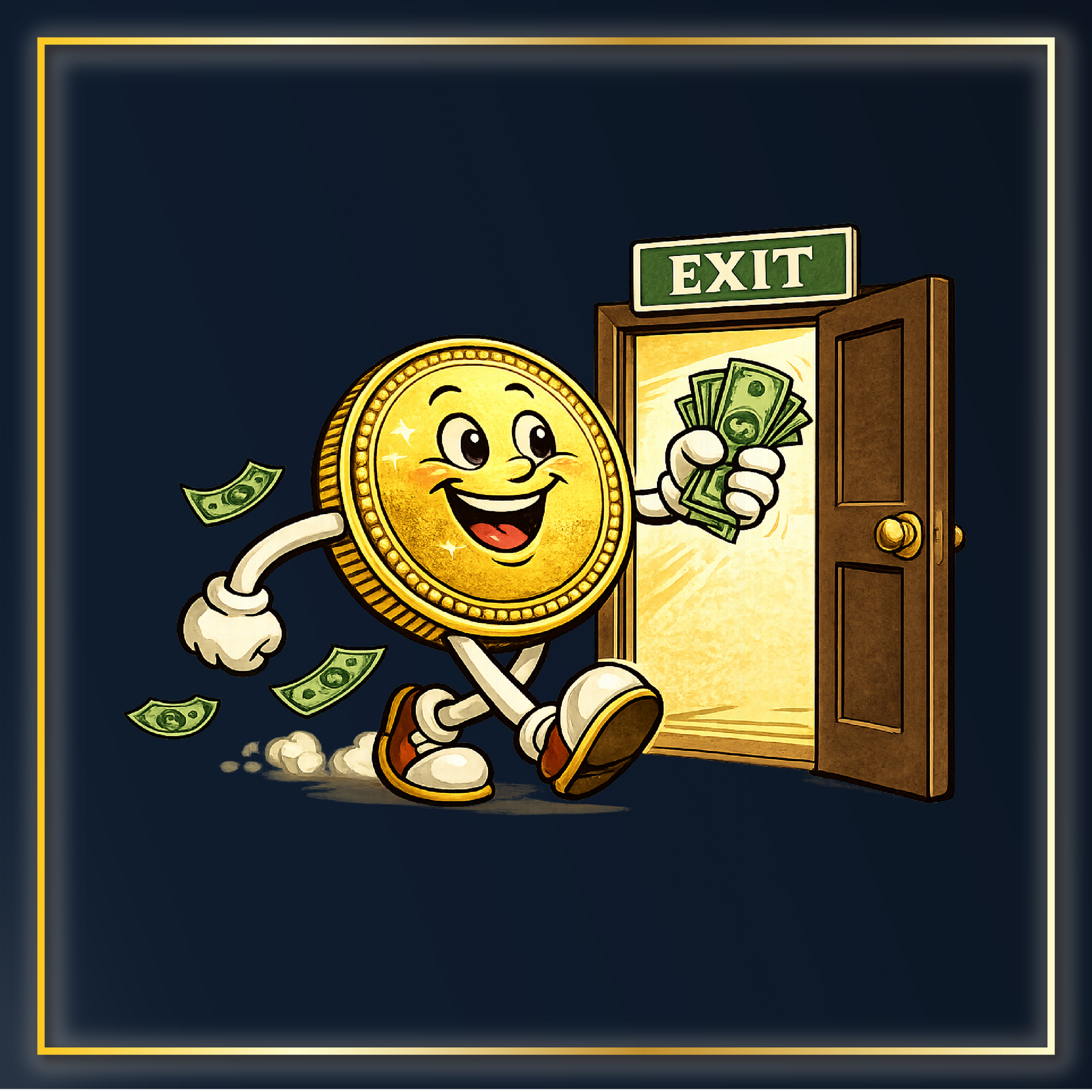 Happy gold coin walking through an exit door holding cash, representing selling coins and investment