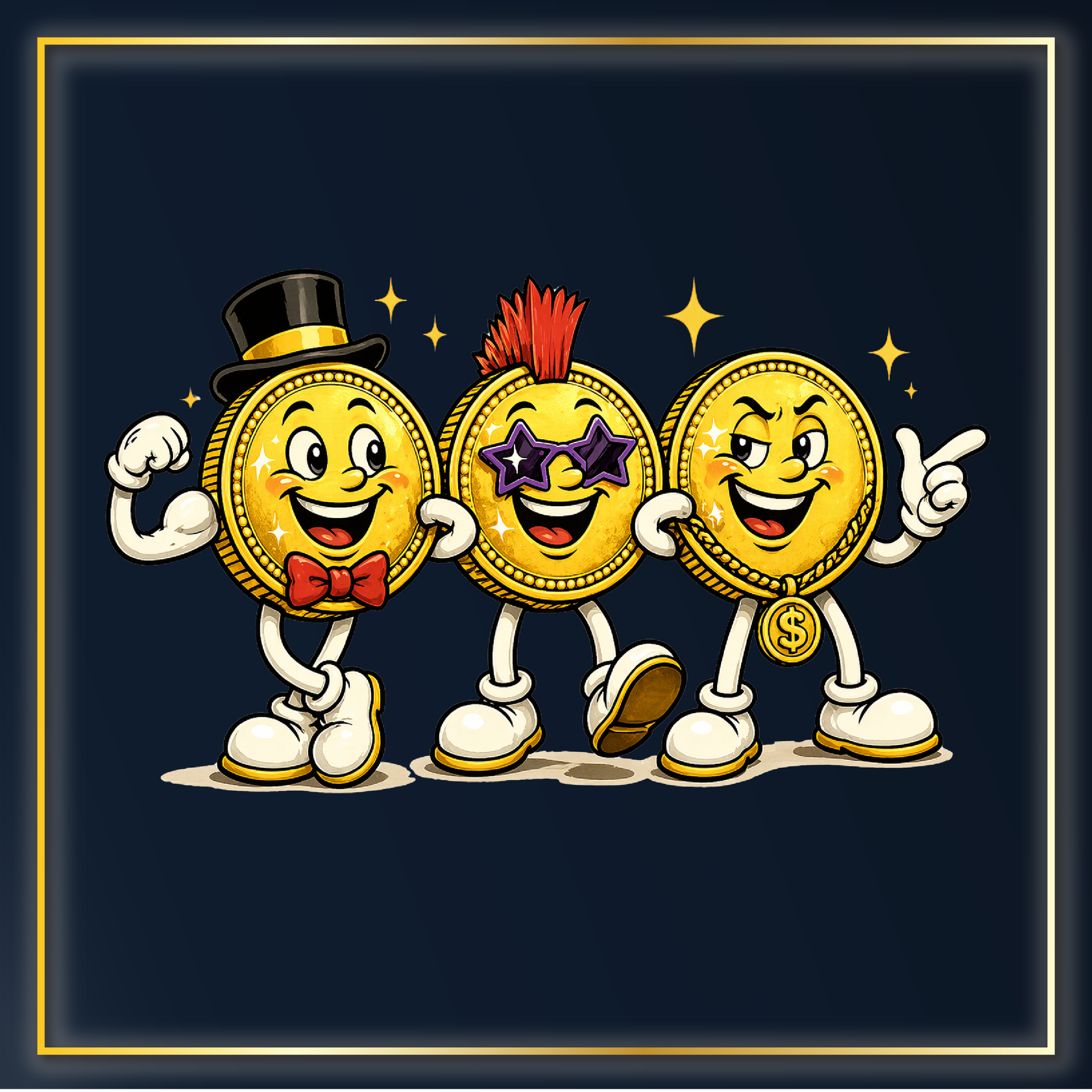 Three cartoon gold coins standing arm in arm with unique personalities and accessories