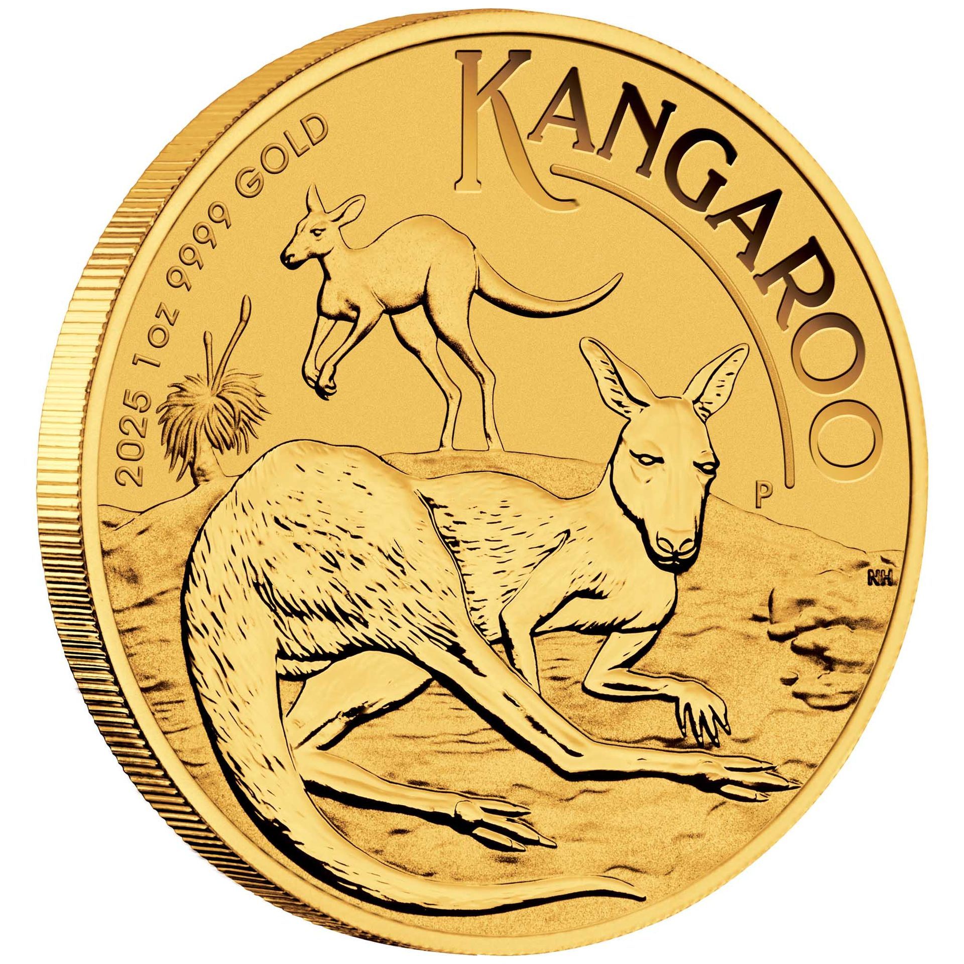 Gold coin with kangaroo design and “KANGAROO” text.