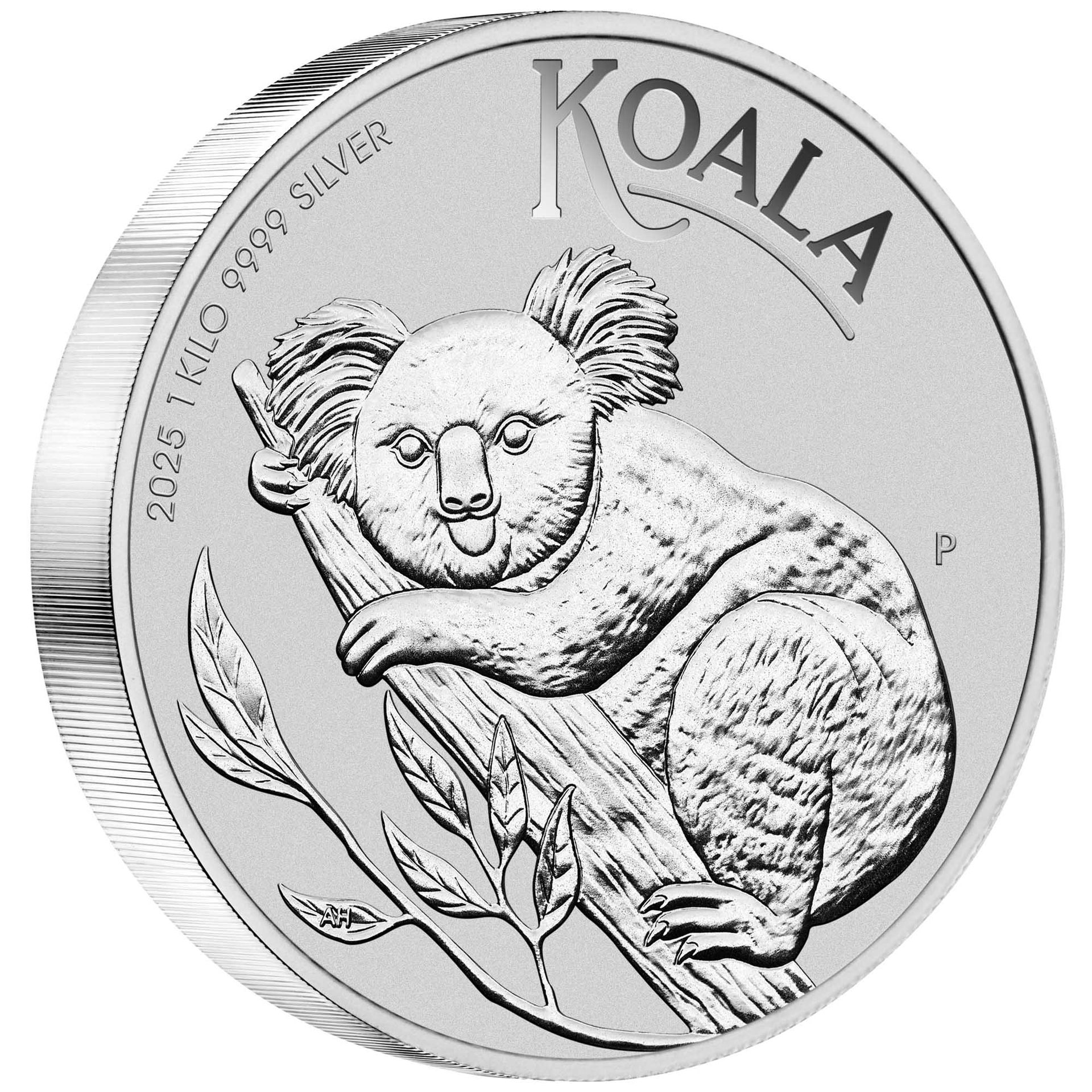 Silver KOALA coin with a detailed koala on a tree branch and leaves.