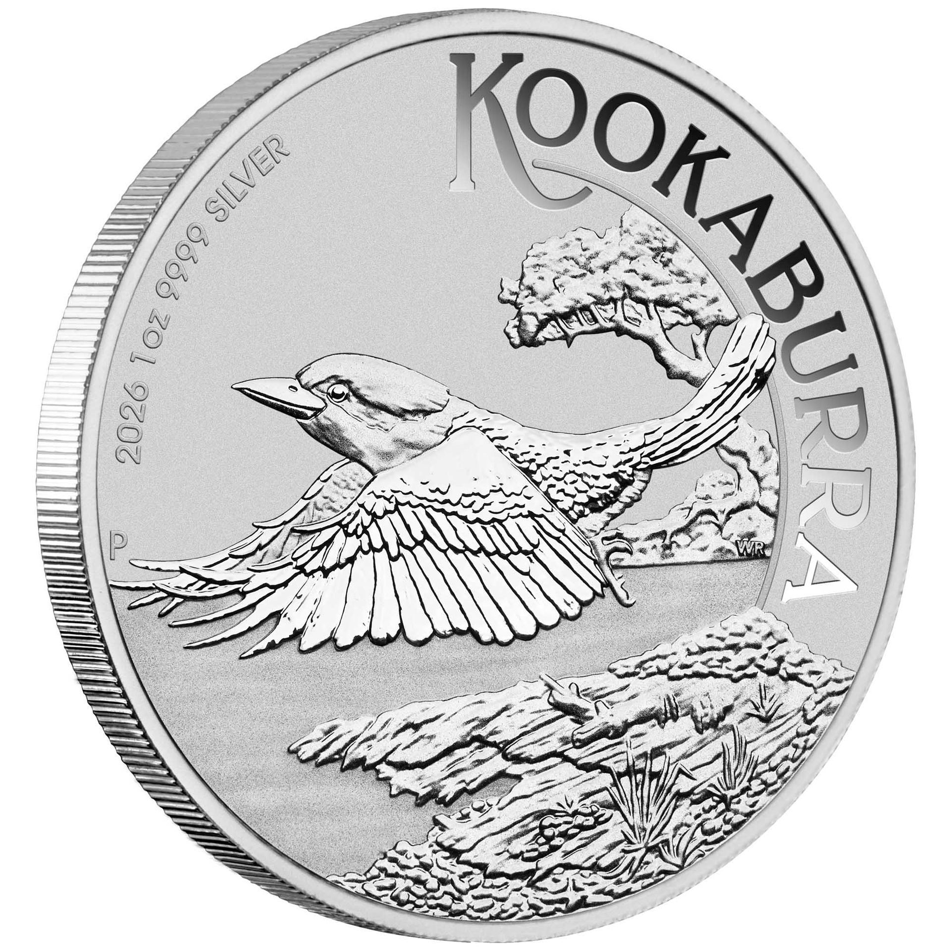 Silver coin featuring a kookaburra in flight with “KOOKABURRA” text and a tree branch design