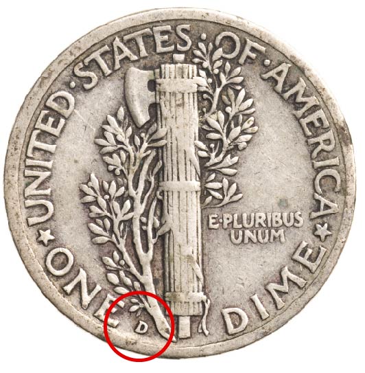 Reverse of mercury dime mint mark location