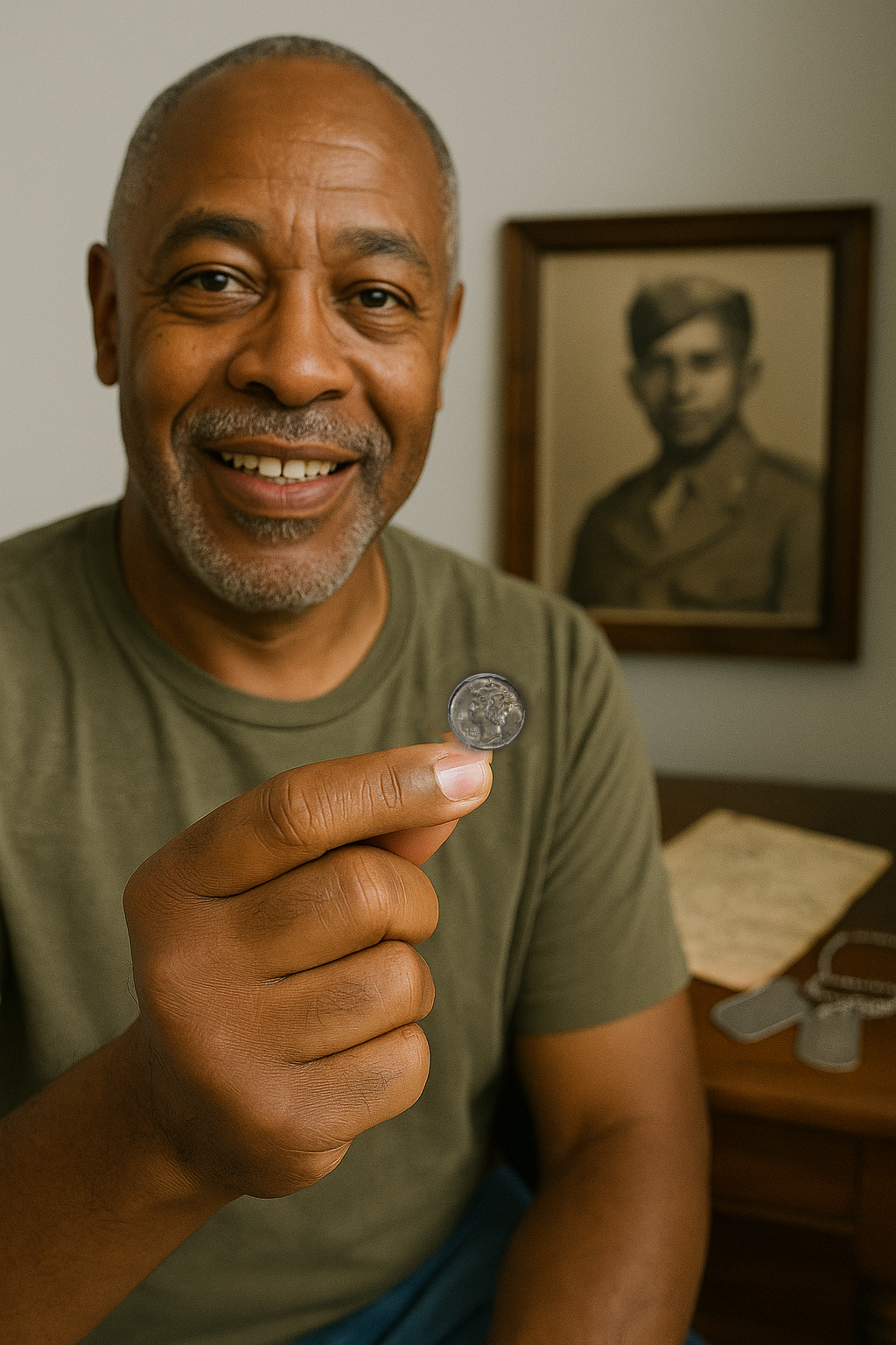 Man smiling and holding a coin in a home office with a framed portrait in the background