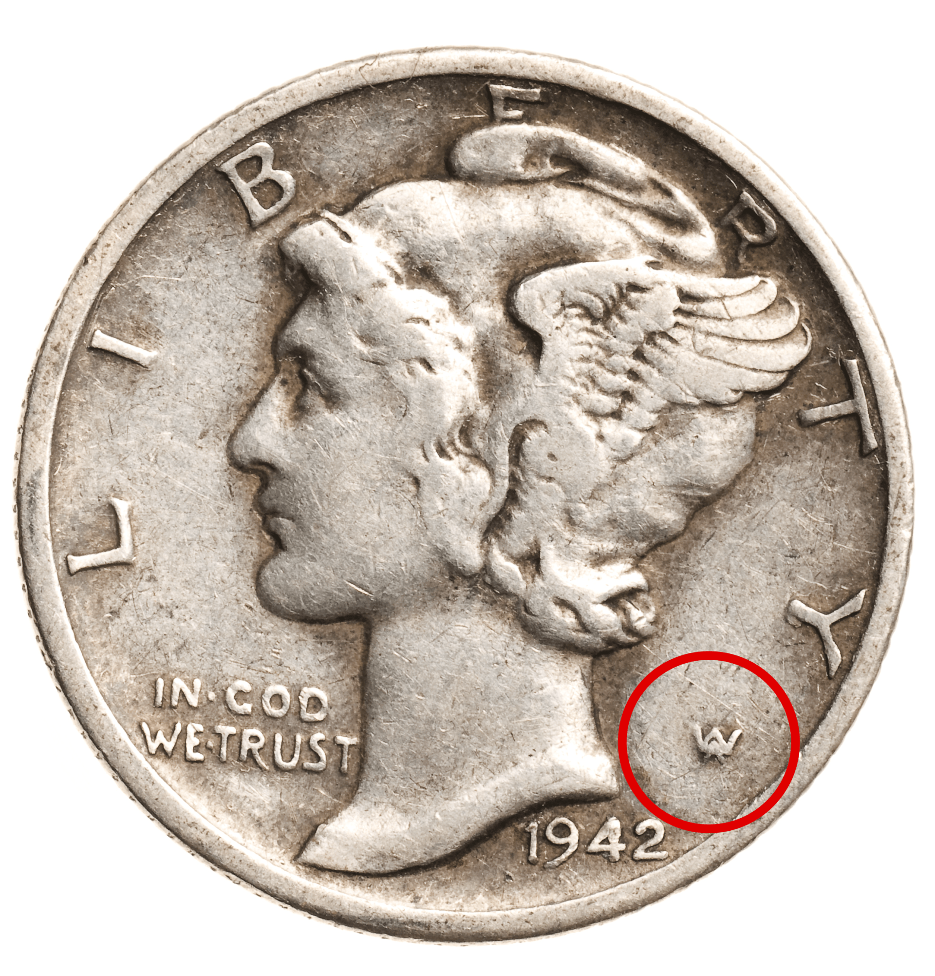 Obverse mercury dime Weinman's initials