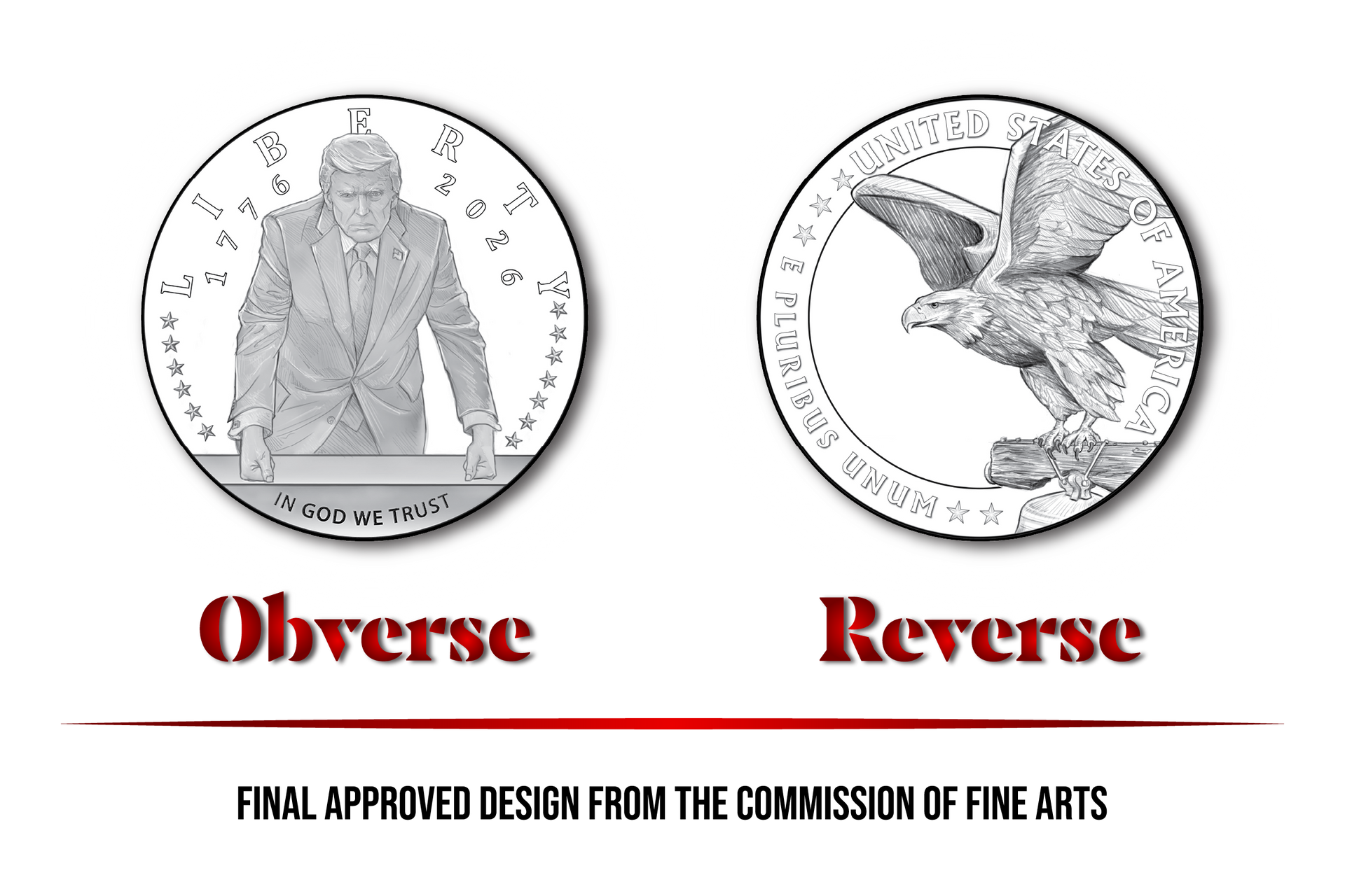 Coin design mockup showing obverse and reverse of a coin, with portrait and bird illustrations.