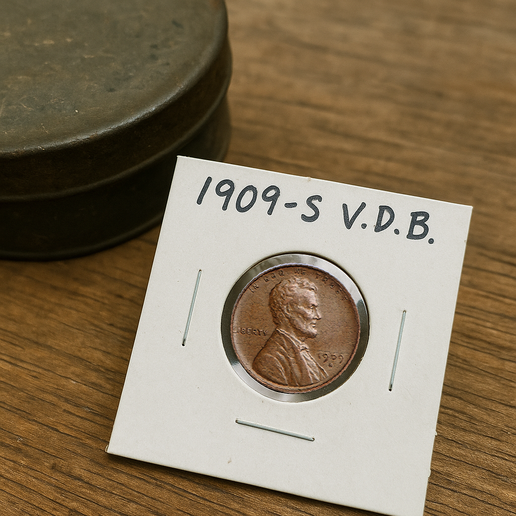 1909-S V.D.B. penny in a coin holder on a wooden surface
