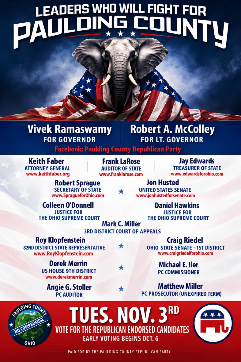 Paulding County Republican Party Slate Card November 2026 Ohio General Election
