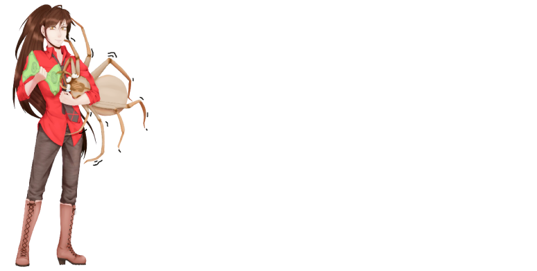 A woman is standing next to a large spider.