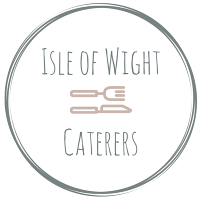 Logo for Isle of Wight Caterers, with text and a fork and knife icon, inside a grey circle.
