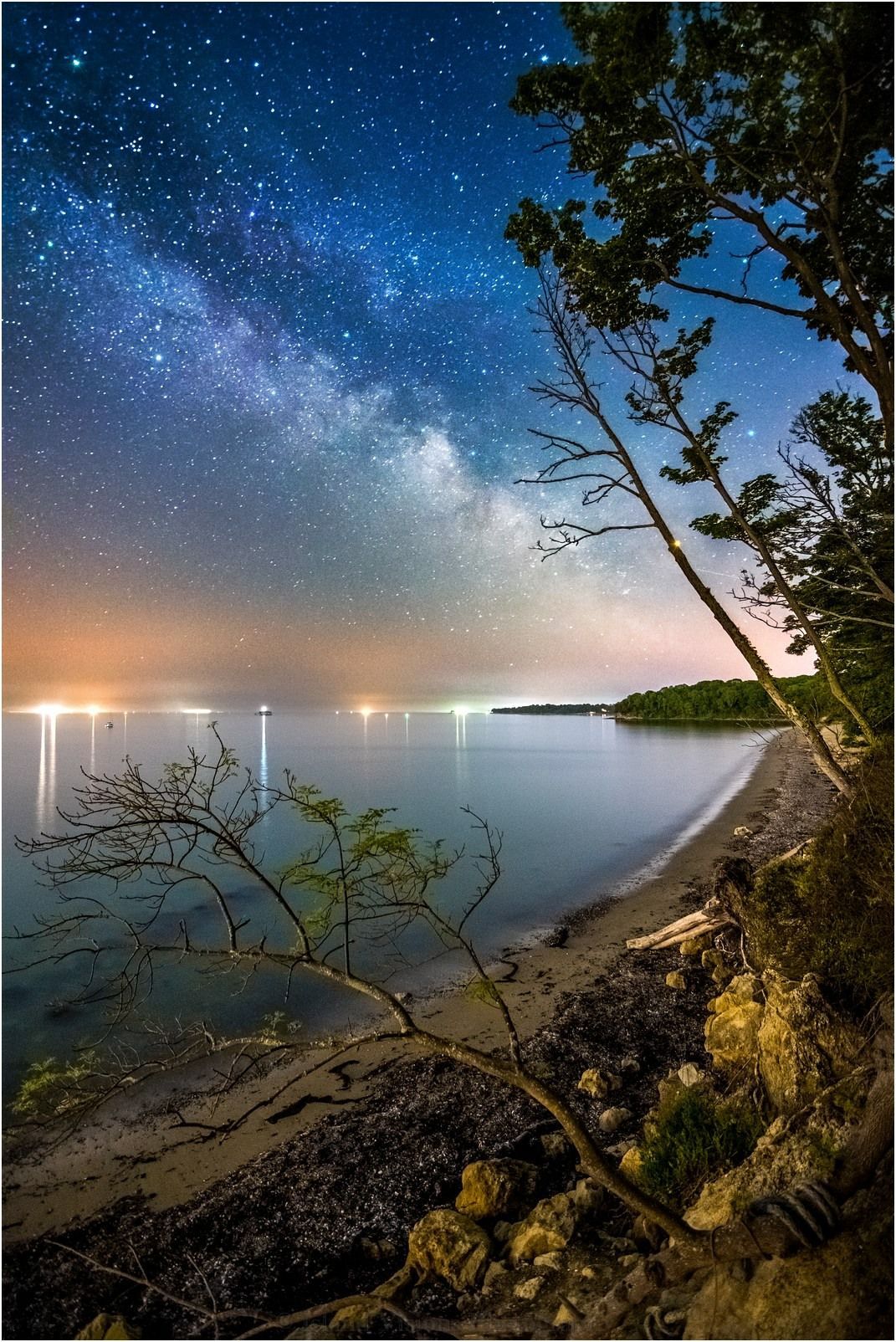 A starry night over a body of water with trees in the foreground