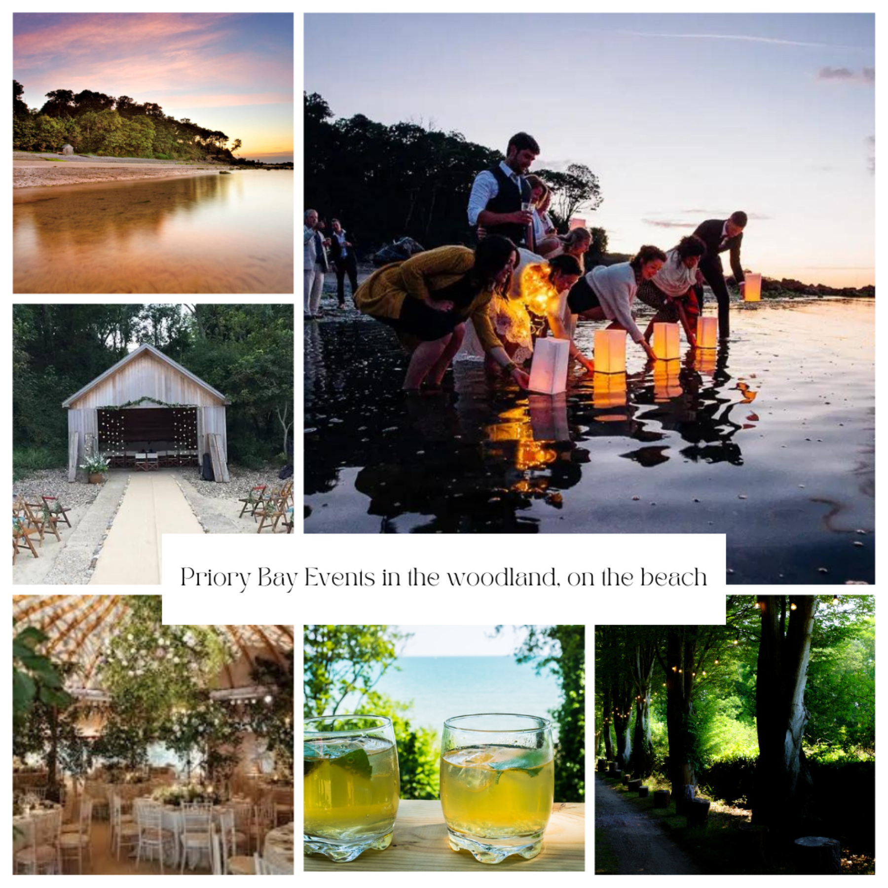 A collage of pictures with the words priory bay events in the woodland on the beach