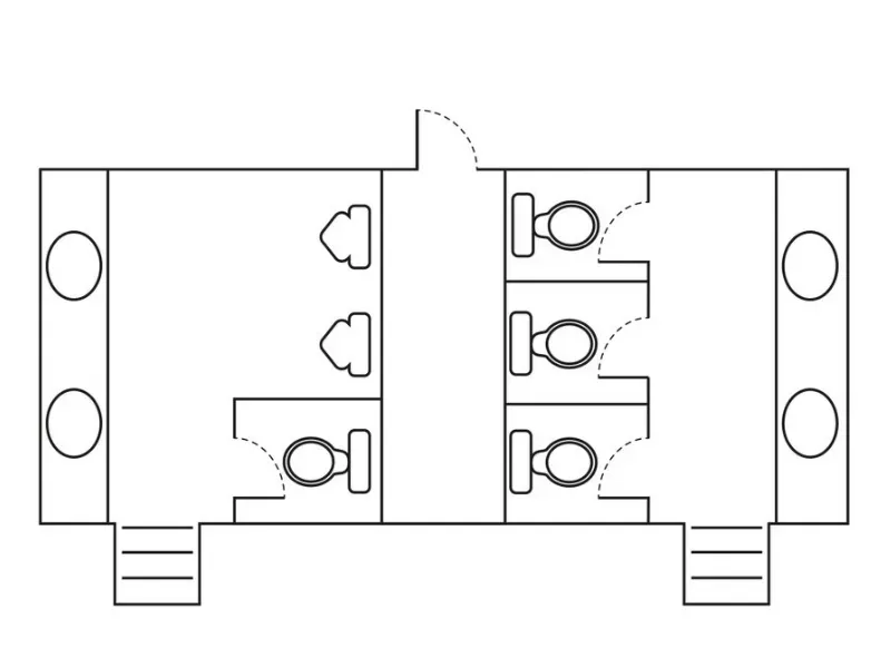 Floor plan of a restroom with stalls, sinks, and accessible fixtures.