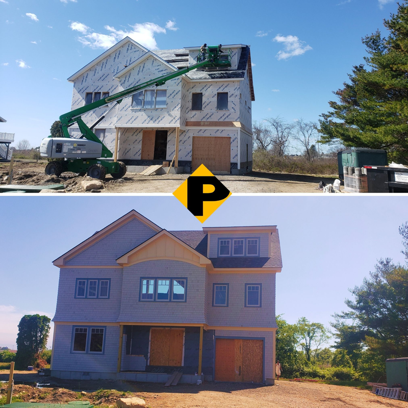 A before and after picture of a house under construction