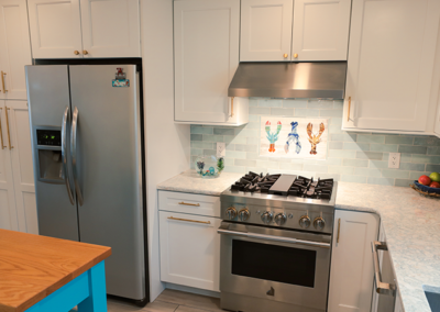 A kitchen with stainless steel appliances and a sign that says yay