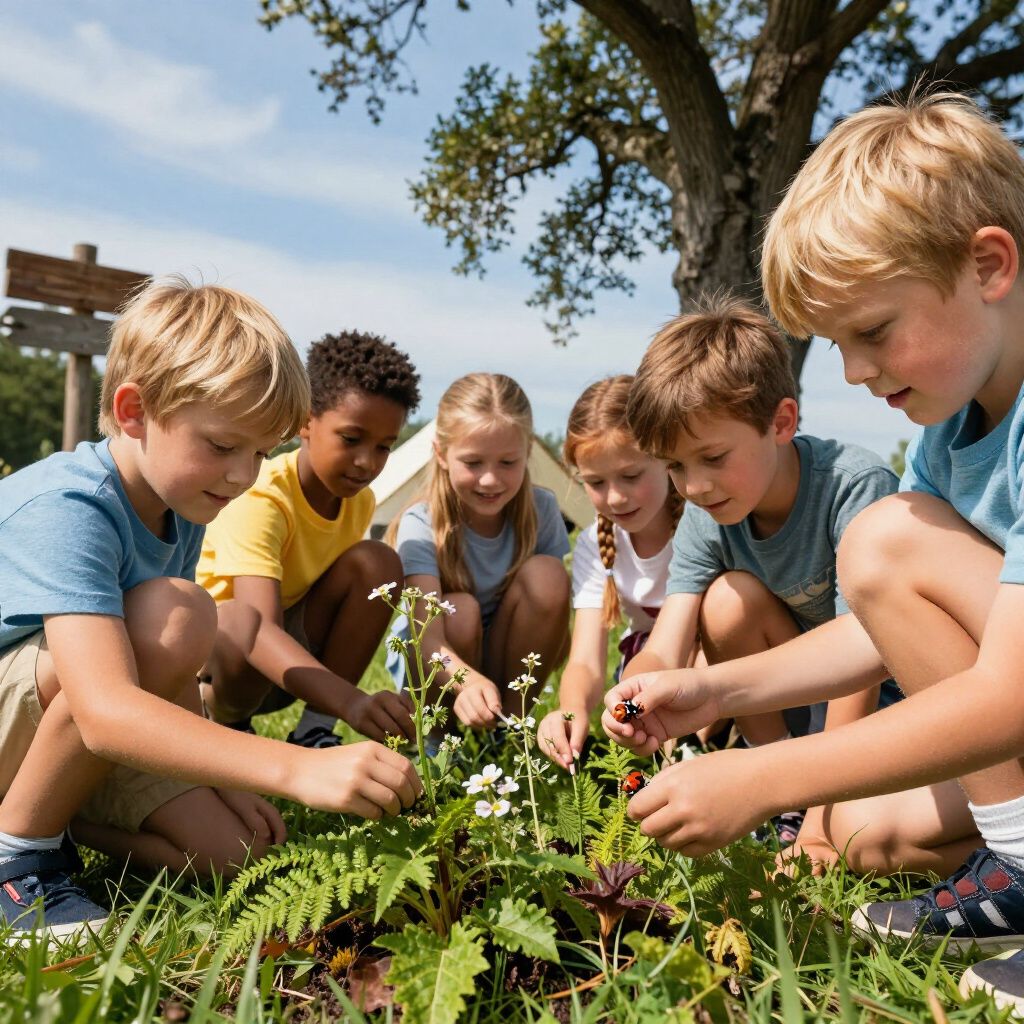 Children gardening together outdoors, planting seeds around a small green plant in a sunny yard.