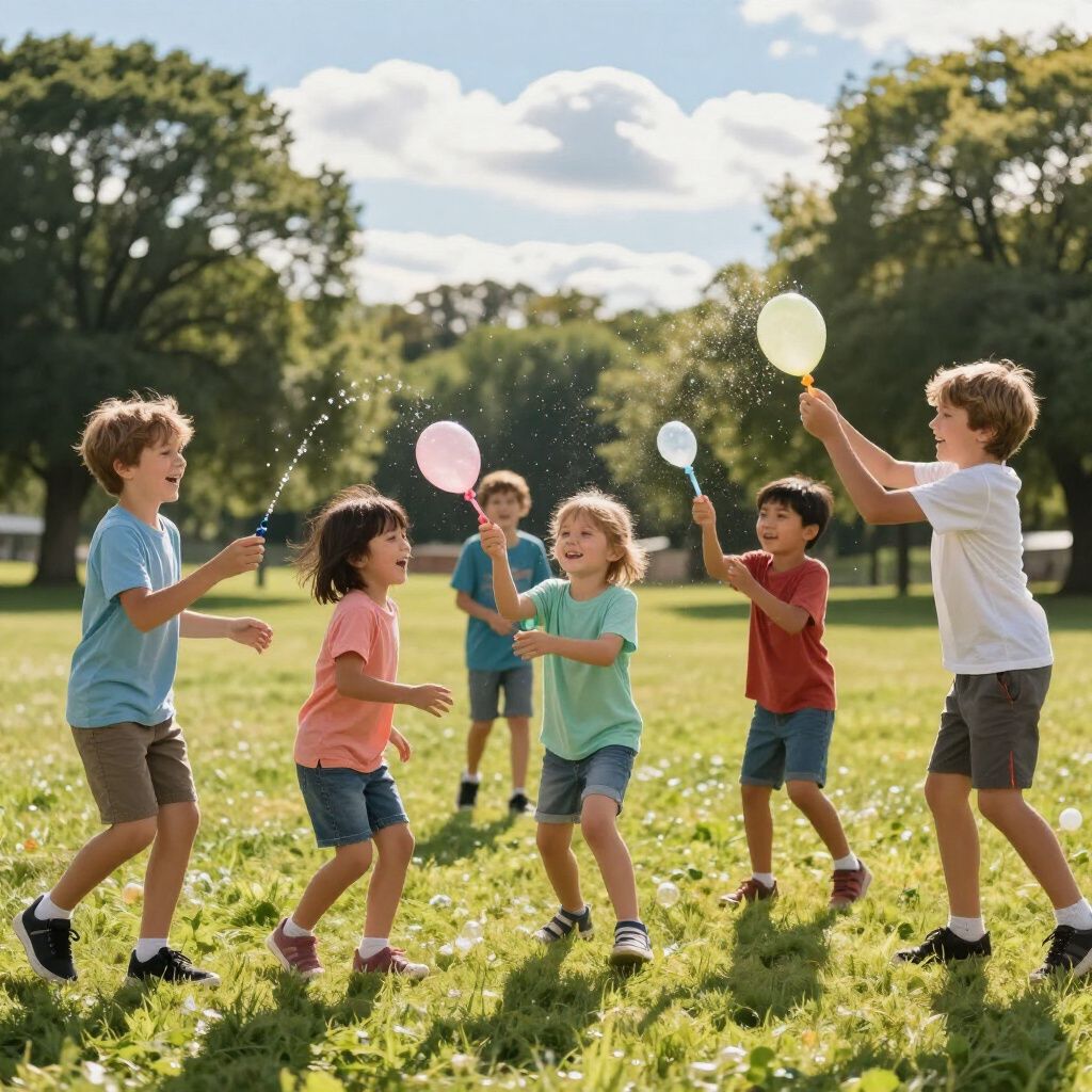 Children playing with balloons in a sunny park meadow