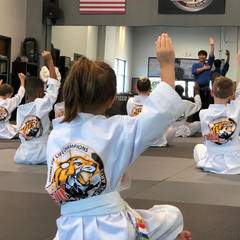 Martial arts class seated on mats, students in white uniforms raising hands toward instructor on a stage.