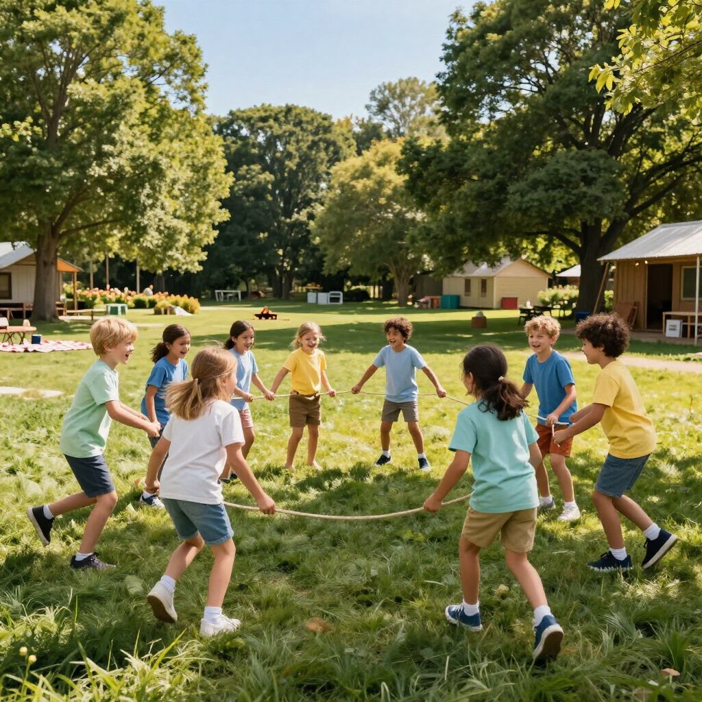 Children playing ring-around-the-rosey on a grassy lawn at a sunny park with houses in the background