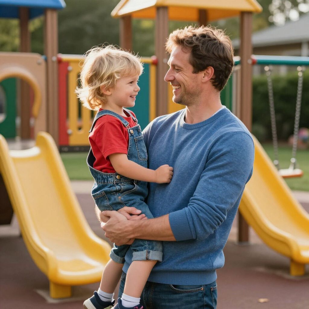 Man holding a smiling child at a playground with yellow slides