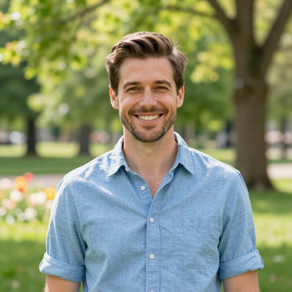 Smiling man in a blue shirt standing in a sunny park with trees and flowers