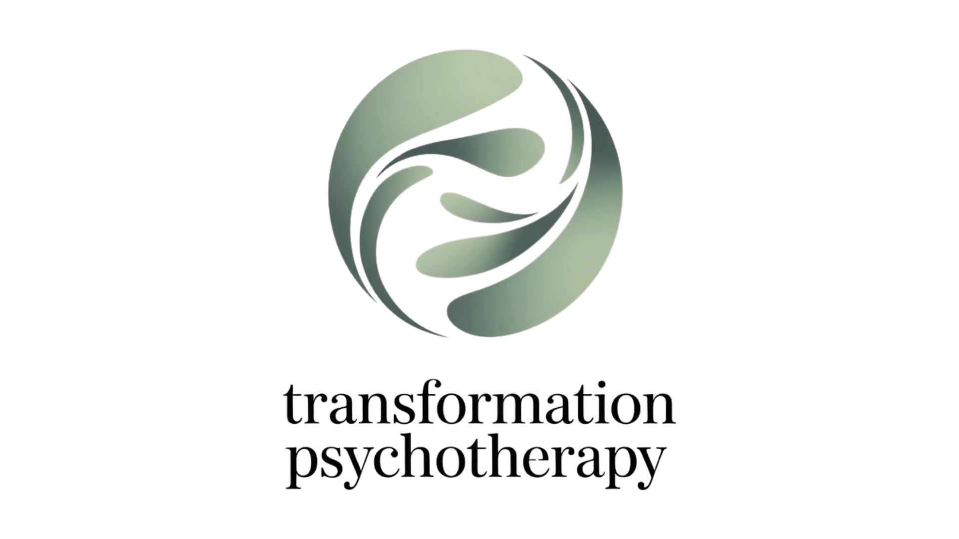 A logo featuring an abstract sage green circular symbol of flowing shapes above the text
