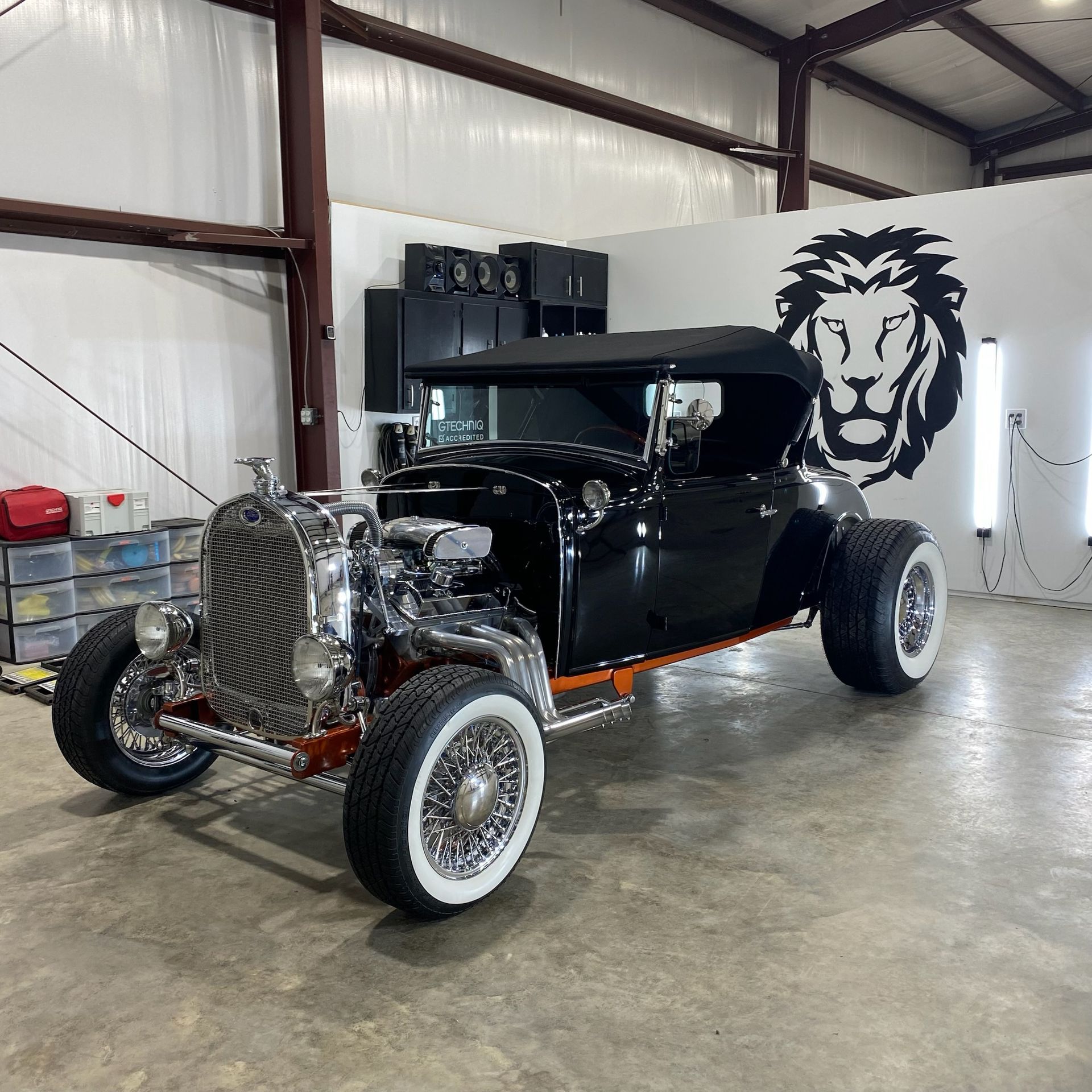 A black car is parked in a garage with a lion on the wall behind it.