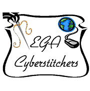 Logo for EGA Cyberstitchers featuring a needle with gold thread, a globe, and a computer mouse inside a decorative frame.