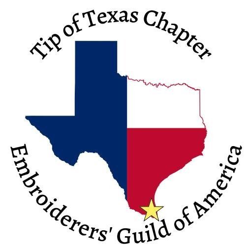 Logo for Tip of Texas Chapter of the Embroiderers’ Guild of America, featuring a Texas map with a star at the southern tip.