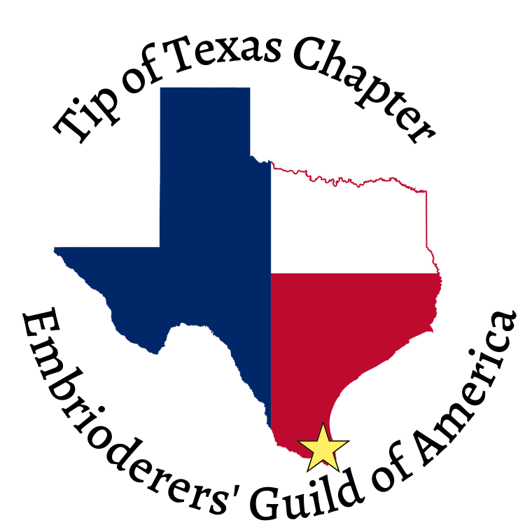 Logo of the Tip of Texas Chapter of the Embroiderers' Guild of America featuring a Texas map with a yellow star.