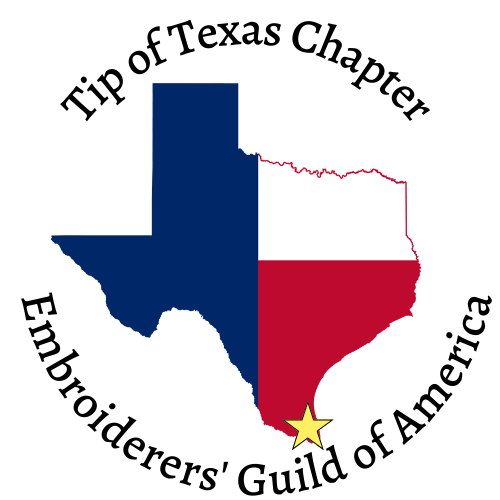 Logo of the Tip of Texas Chapter, Embroiderers' Guild of America, featuring a Texas map with a star at the southern tip.