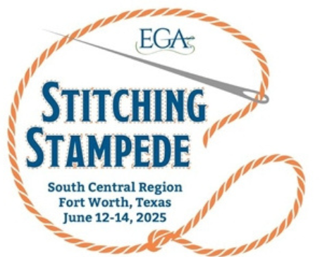 EGA Stitching Stampede logo: A needle and thread forming a loop around the event title, location, and June 12-14, 2025.