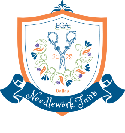 Logo for the 2025 Dallas EGA Needlework Faire featuring a heraldic shield, decorative scissors, and floral elements.