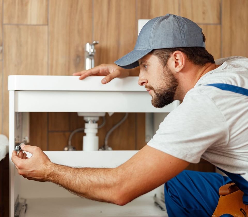 A man is fixing a sink in a bathroom.