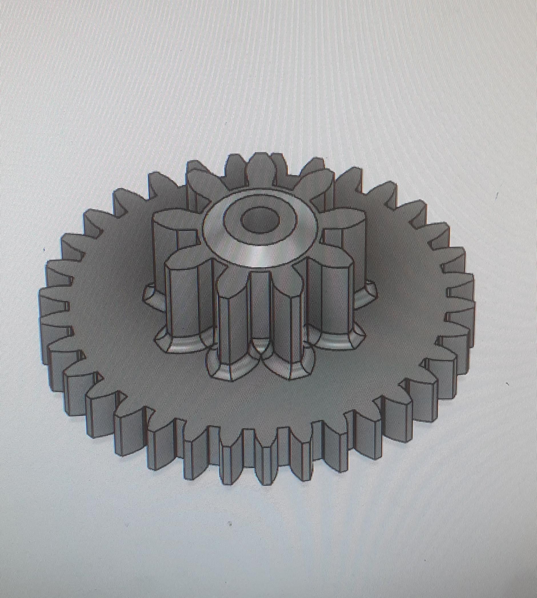 A black and white drawing of a gear on a white surface.