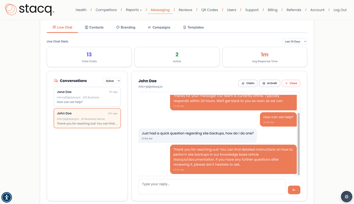 Image of the live chat help desk section in the client dashboard