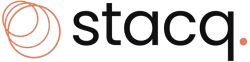 stacq logo. 3 orange circles stacked on top of one another, each larger than the last, with an orange period after stacq.