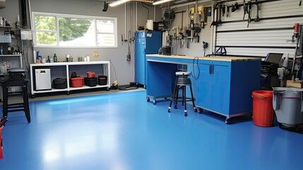 A garage with a blue floor and a lot of tools.