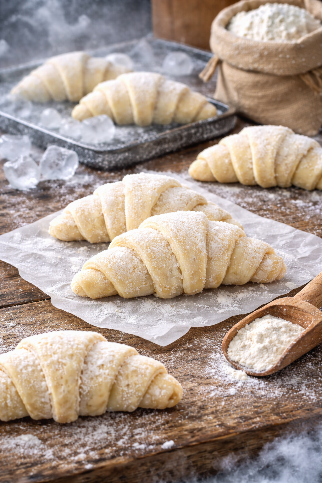 Tagli e bastoncini di tonno crudo congelato, ricoperti di ghiaccio.