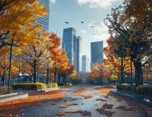 Tree-lined city street with autumn foliage and wet pavement, framed by modern skyscrapers in the distance