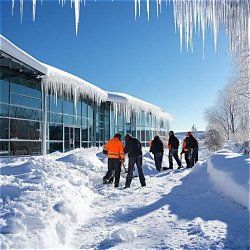 People walking through deep snow beside a glass building with large icicles hanging from the roof.